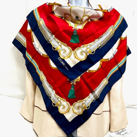 Vgt Large Celine Paris Scarf  100% Satin Silk  34"  Red Navy Blue Gold Green (49 - Picture 1 of 11